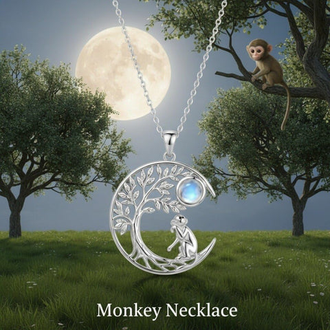 Sterling Silver Moonstone Tree of Life Wolf Cat Fox Rabbit Monkey Pendant Necklace Gift for  Birthday Christmas