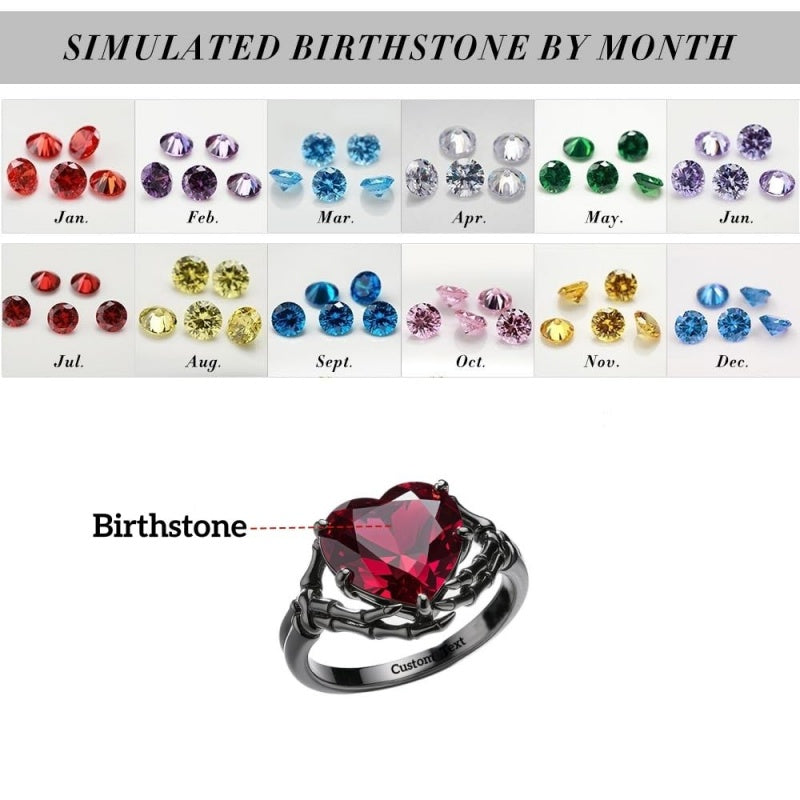 Sterling Silver Personalized Birthstone Punk Skull Bat Snake Ring Goth Jewelry for Halloween Birthday