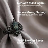 Sterling Silver 10K 14K  18K Gold Personalized Engraved Moss Agate Gothic Promise Wedding Engagement Black Ring Set