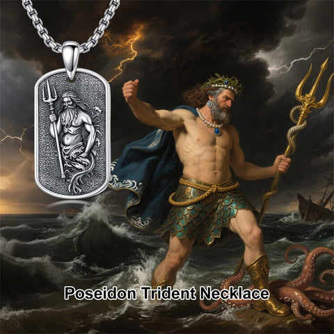 Sterling Silver  Poseidon Trident  Pendant Necklace for Men