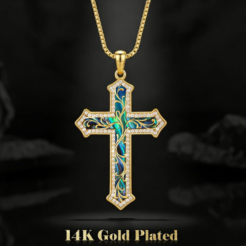 14K Gold Plated Turquoise  Abalone Shell Malachite Wood Filigree Cross Pendant Necklace