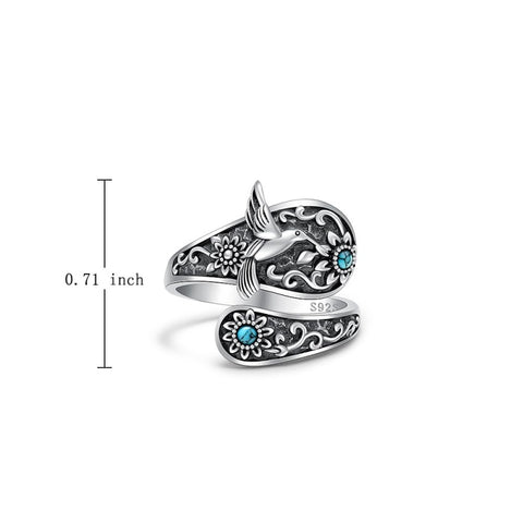 Sterling Silver Turquoise Hummingbird Butterfly Sunflower Adjustable Spoon Ring