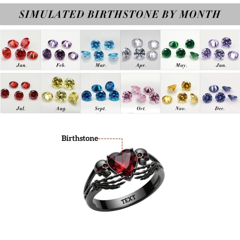 Sterling Silver Personalized Birthstone Punk Skull Bat Snake Ring Goth Jewelry for Halloween Birthday