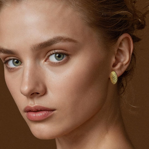 14K Gold Plated  Oval Shape with Mesh Pad Textured on the Surface Unique Hoops Earring for Women