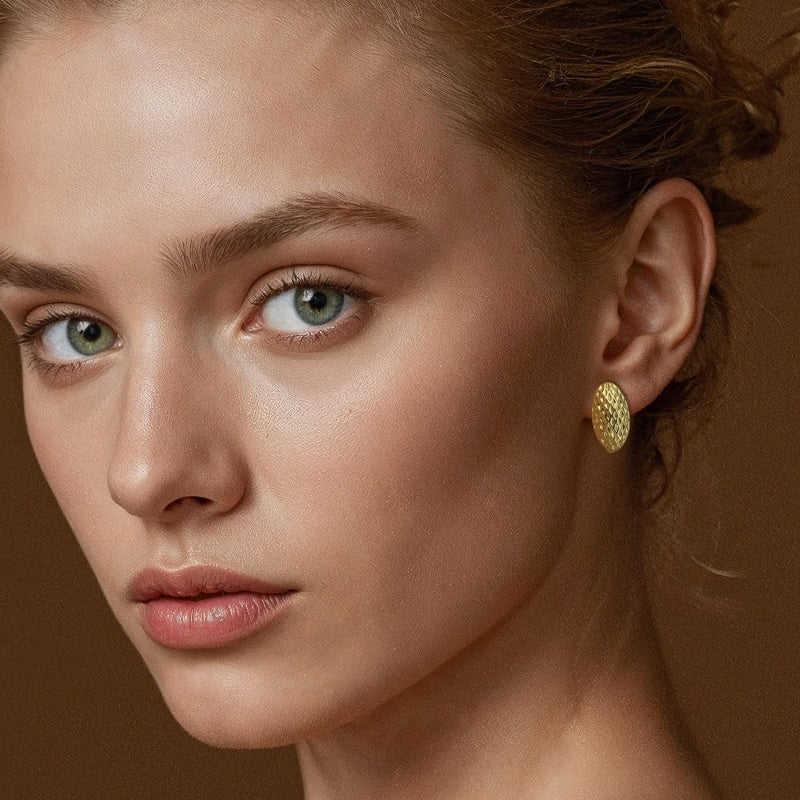 14K Gold Plated  Oval Shape with Mesh Pad Textured on the Surface Unique Hoops Earring for Women