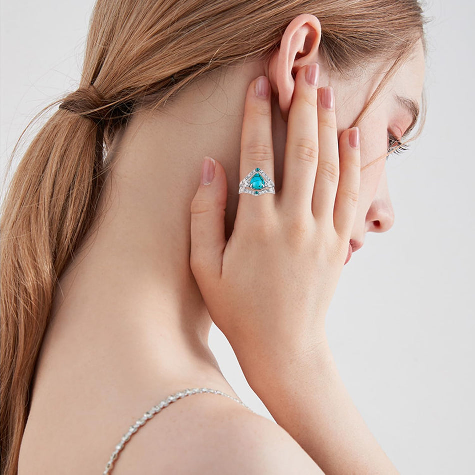 Sterling Silver Genuine Turquoise Engagement Wedding Ring Set for Women