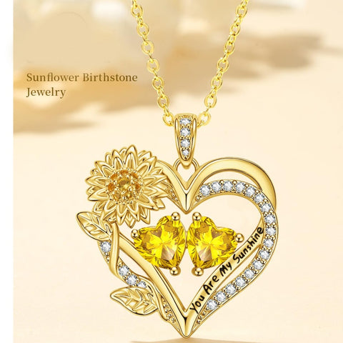 14K Gold  Plated Double Birthstone Heart Sunflower Necklace for Women