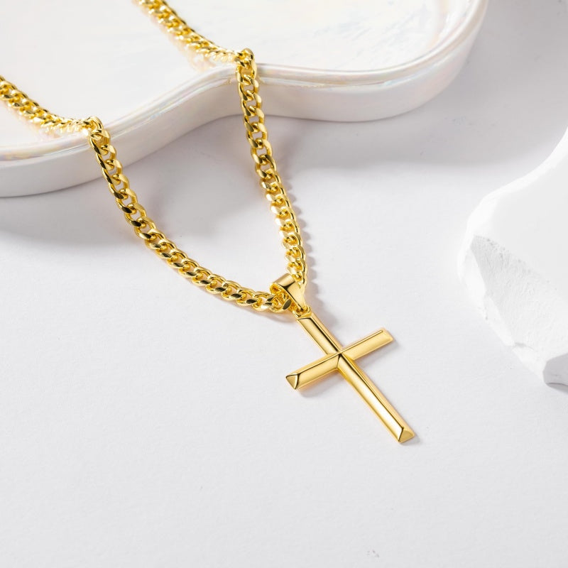 14K Gold Plated Cross Necklace with Cuban Chain for Men