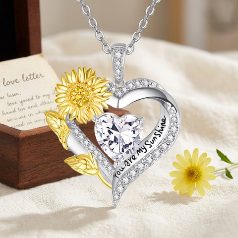 Sterling Sliver Birthstone Love Heart & Sunflower Pendant Necklace Engraved With You Are My Sunshine