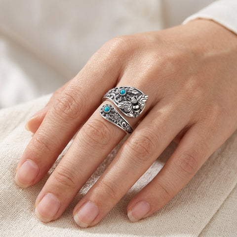 Sterling Silver Turquoise Hummingbird Butterfly Sunflower Adjustable Spoon Ring