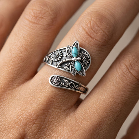 Sterling Silver Turquoise Hummingbird Butterfly Sunflower Adjustable Spoon Ring