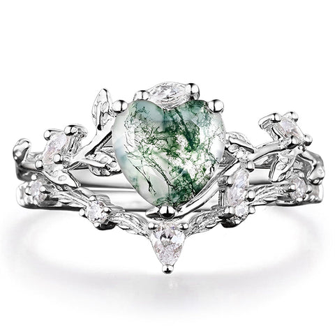 Sterling Silver 2CT Heart Green Moss Agate Wedding Engagement Ring Set for Women