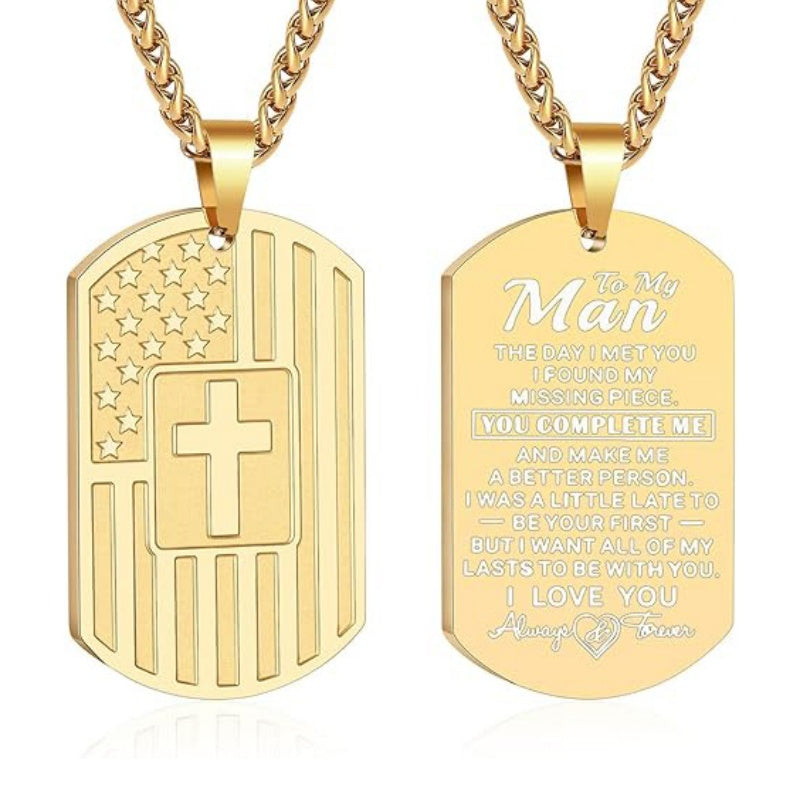 14K Gold Plated American Flag Dog Tag Cross Necklace for Men