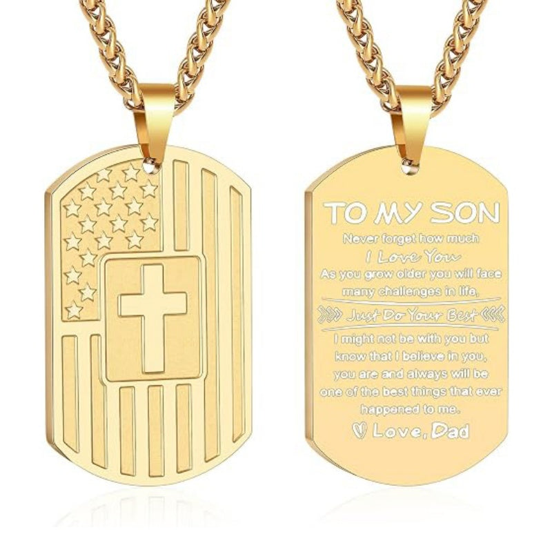 14K Gold Plated American Flag Dog Tag Cross Necklace for Men