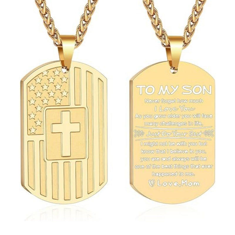 14K Gold Plated American Flag Dog Tag Cross Necklace for Men