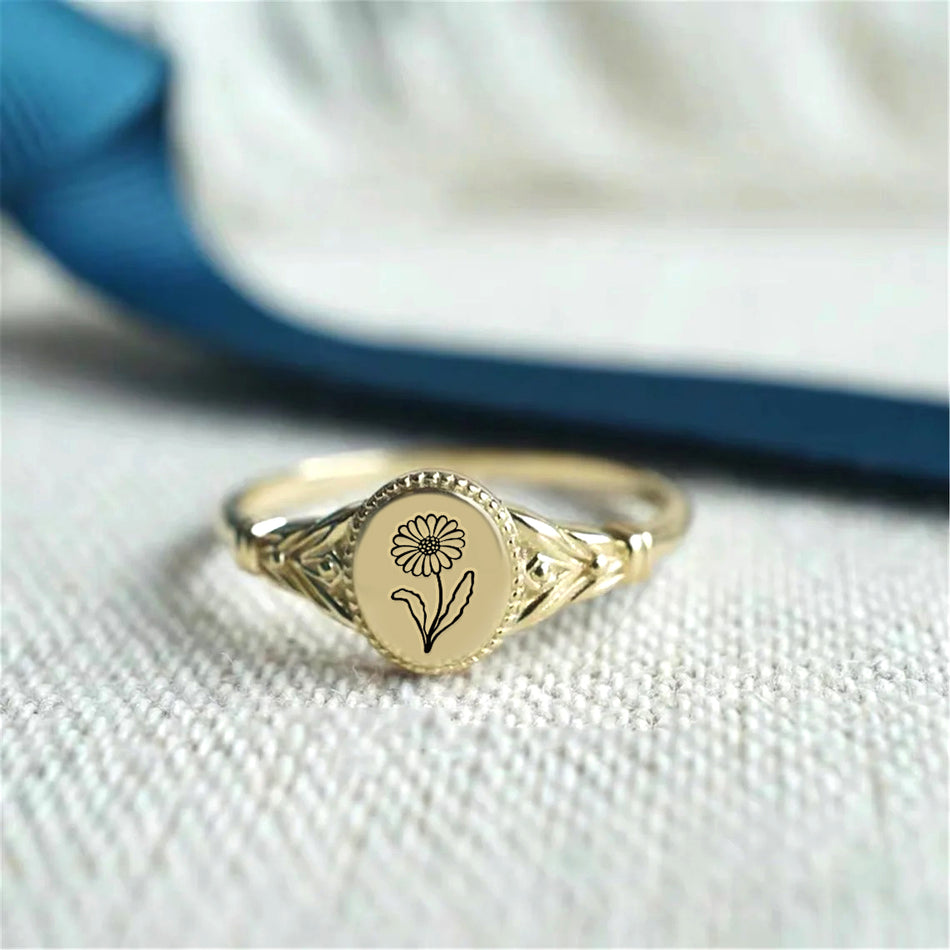 925 Sterling Silver Birth Flower Ring Vintage Flower Signet Ring Mother's Day Gift