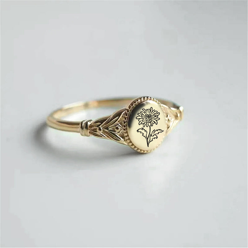 925 Sterling Silver Birth Flower Ring Vintage Flower Signet Ring Mother's Day Gift