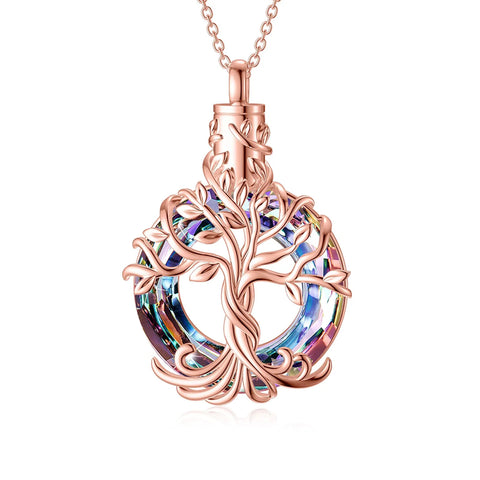 Sterling Silver Circle Crystal Tree of Life Urn Necklace for Ashes