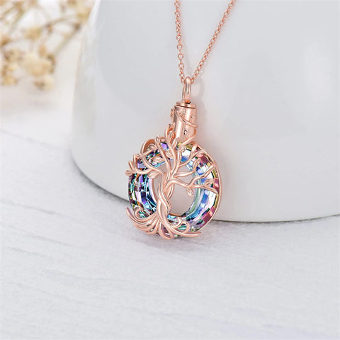 Sterling Silver Circle Crystal Tree of Life Urn Necklace for Ashes
