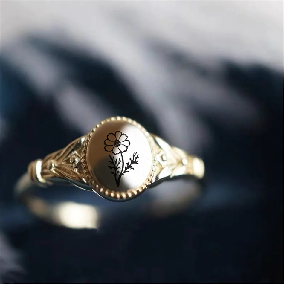 925 Sterling Silver Birth Flower Ring Vintage Flower Signet Ring Mother's Day Gift