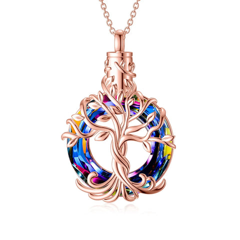 Sterling Silver Circle Crystal Tree of Life Urn Necklace for Ashes