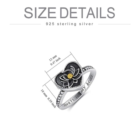 Sterling Silver Heart Lotus Flower Urn Ring for Ashes Engraved with Always in My Heart