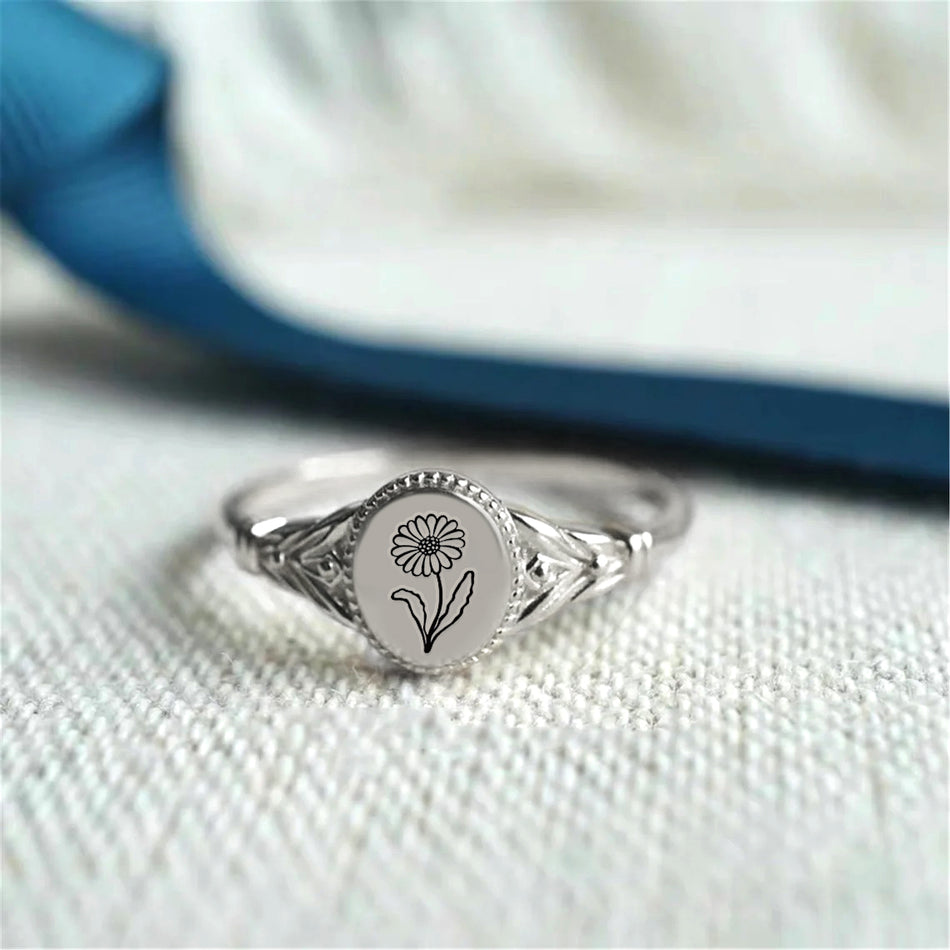 925 Sterling Silver Birth Flower Ring Vintage Flower Signet Ring Mother's Day Gift