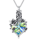Sterling Silver Heart Crystal Rose Flower Urn Necklace for Ashes Cremation Jewelry