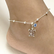 Filigree Turtle Anklet /Bracelet Sterling Silver Beaded Sea Turtle Charm Anklet/Bracelet Optional Birthstone