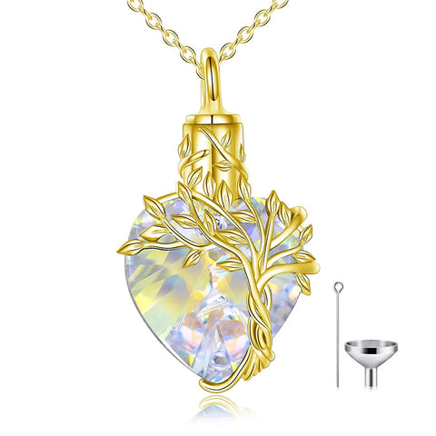 Sterling Silver Crystal Heart Tree of Life Urn Necklace for Ashes