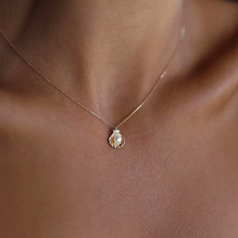 14K Gold Pearl in SeaShell Pendant Cockle Shell Necklace Pearl in Oyster Clam Oceanic Nautical Charm Pendant Gold Chain Necklace