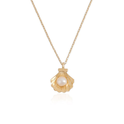 14K Gold Pearl in SeaShell Pendant Cockle Shell Necklace Pearl in Oyster Clam Oceanic Nautical Charm Pendant Gold Chain Necklace