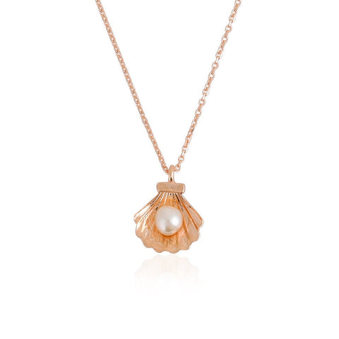 14K Gold Pearl in SeaShell Pendant Cockle Shell Necklace Pearl in Oyster Clam Oceanic Nautical Charm Pendant Gold Chain Necklace