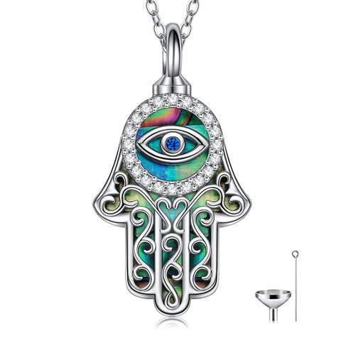 Evil Eye Hamsa Hand Urn Necklace for Women Sterling Silver Abalone Shell Protection Memory Jewelry Gift
