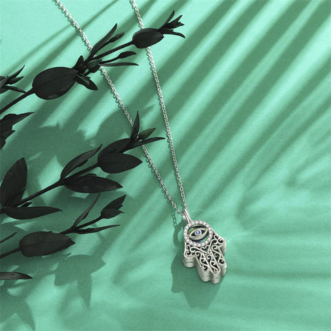Evil Eye Hamsa Hand Urn Necklace for Women Sterling Silver Abalone Shell Protection Memory Jewelry Gift