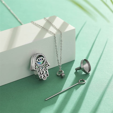Evil Eye Hamsa Hand Urn Necklace for Women Sterling Silver Abalone Shell Protection Memory Jewelry Gift