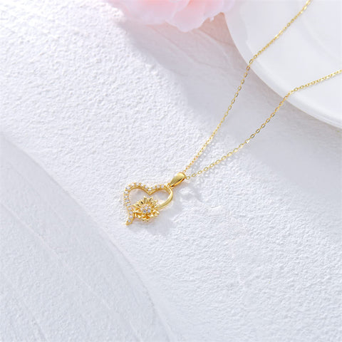 Solid 14K Gold Sunflower Heart Necklace for Women Real Gold Flower Necklace You are May Sunshine Necklace