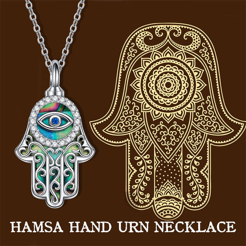 Evil Eye Hamsa Hand Urn Necklace for Women Sterling Silver Abalone Shell Protection Memory Jewelry Gift