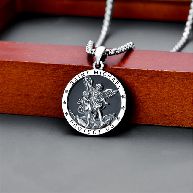 Sterling Silver Men's Round St. Michael Necklace