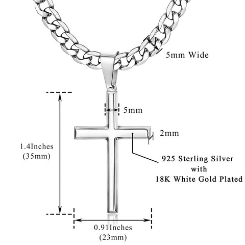 Sterling Silver Cross Pendent for Men With Stainless Steel Cuban Link Pendant Necklace