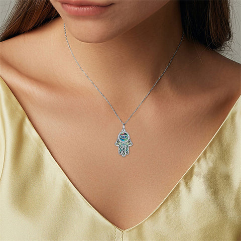Evil Eye Hamsa Hand Urn Necklace for Women Sterling Silver Abalone Shell Protection Memory Jewelry Gift