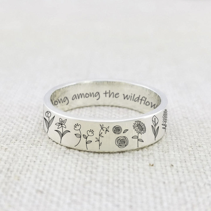 Sterling Silver Wildflowers Nature Ring Engraved with You belong among the wildflower